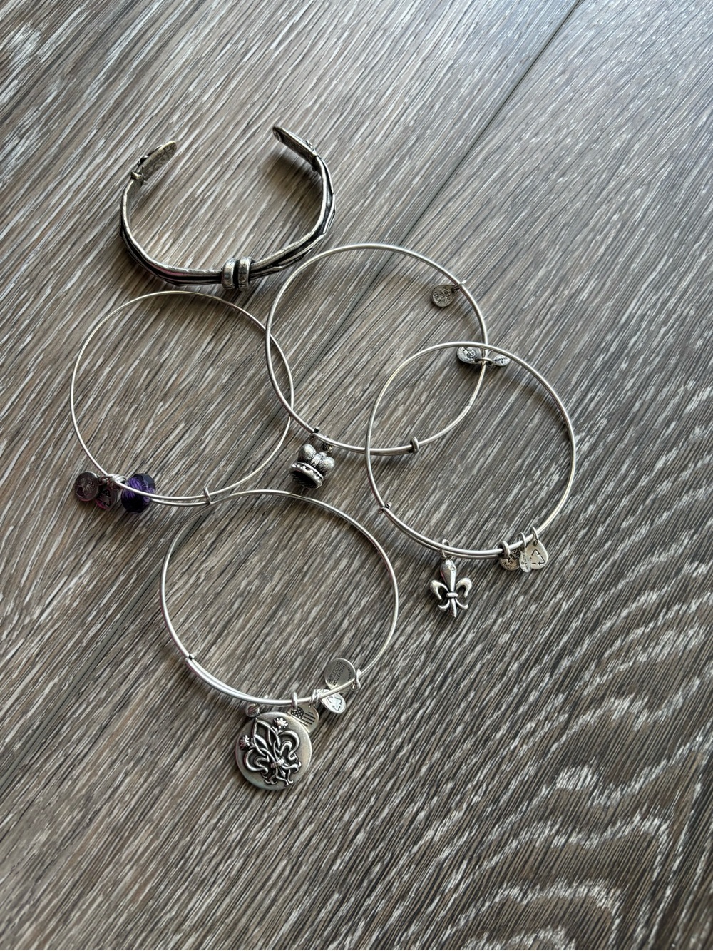 Alex and Ani Silver-Tone Stackable Charm Bangle Bracelet Set with Purple Accent